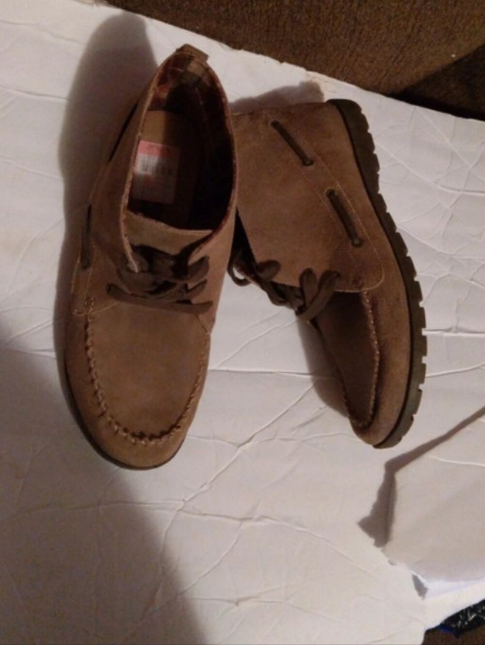 Eddie Bauer Taupe Suede Lace-Up Ankle Boots with Plaid Lining - Picture 2 of 4